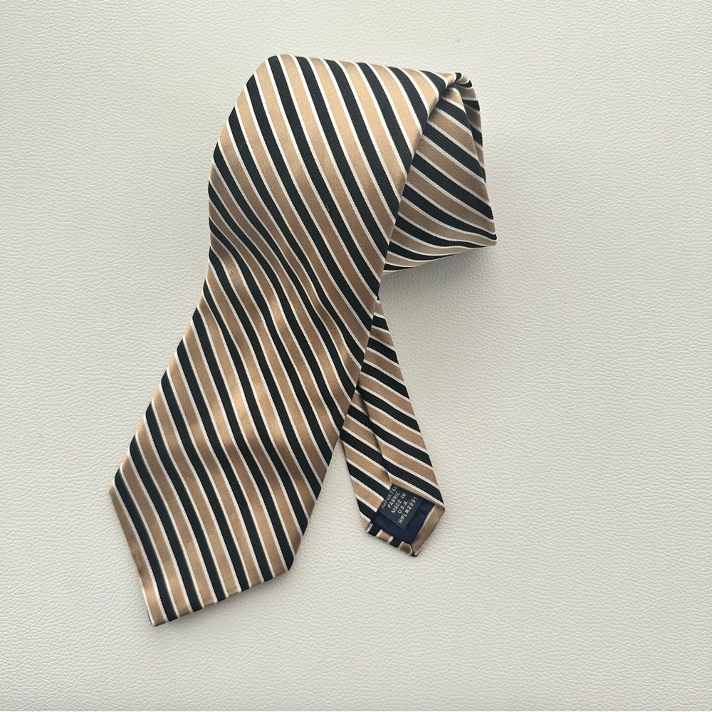 Nautica 100% Silk Tie – Tan, Black & White Stripe